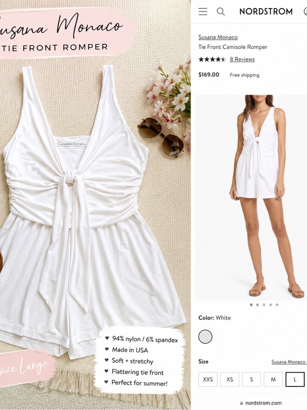 Susana Monaco White Tie-Front Camisole Romper NWOT L